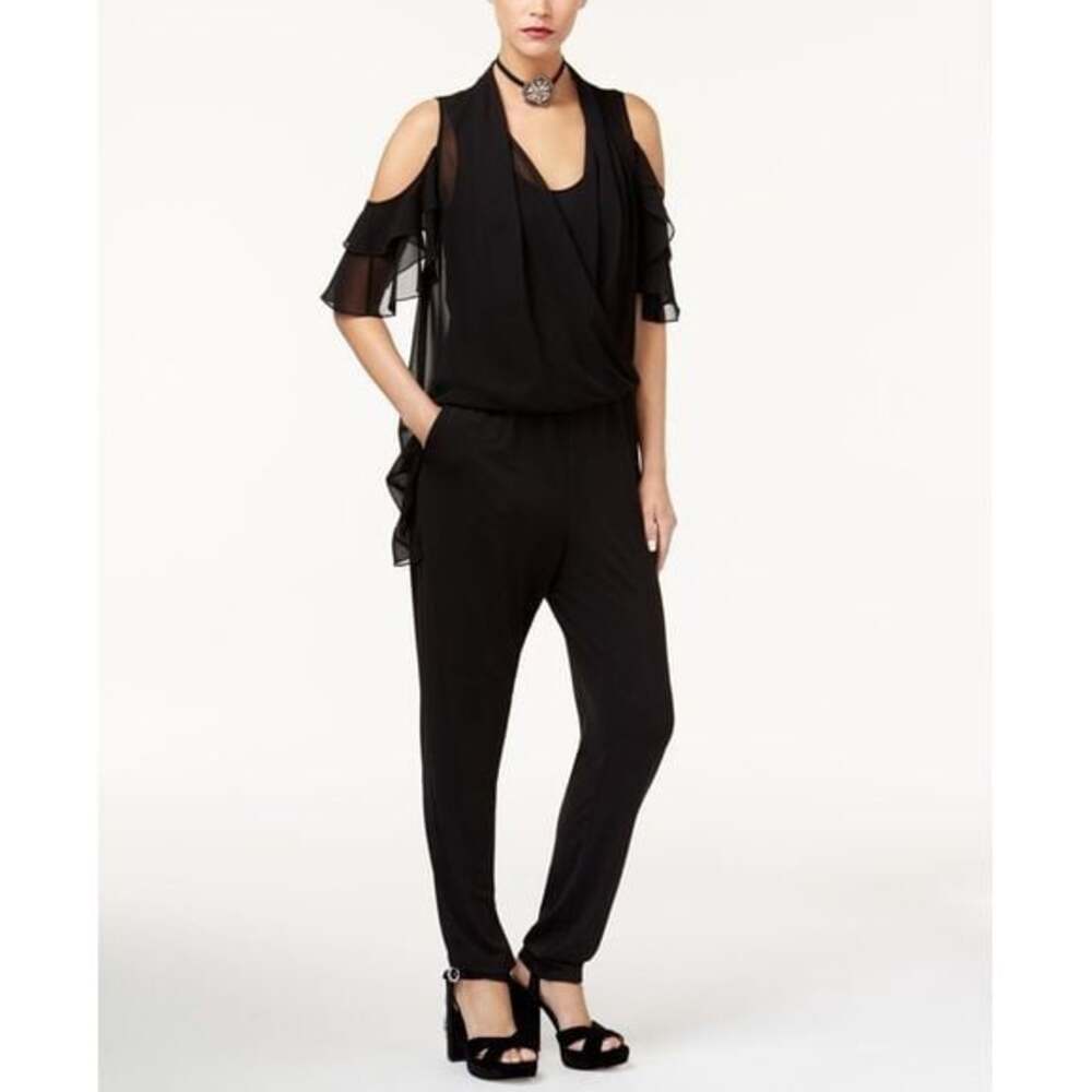KOBI Women Cold Shoulder Wrap Front Chiffon Ruffles Jumpsuit Sz M Black 80-6